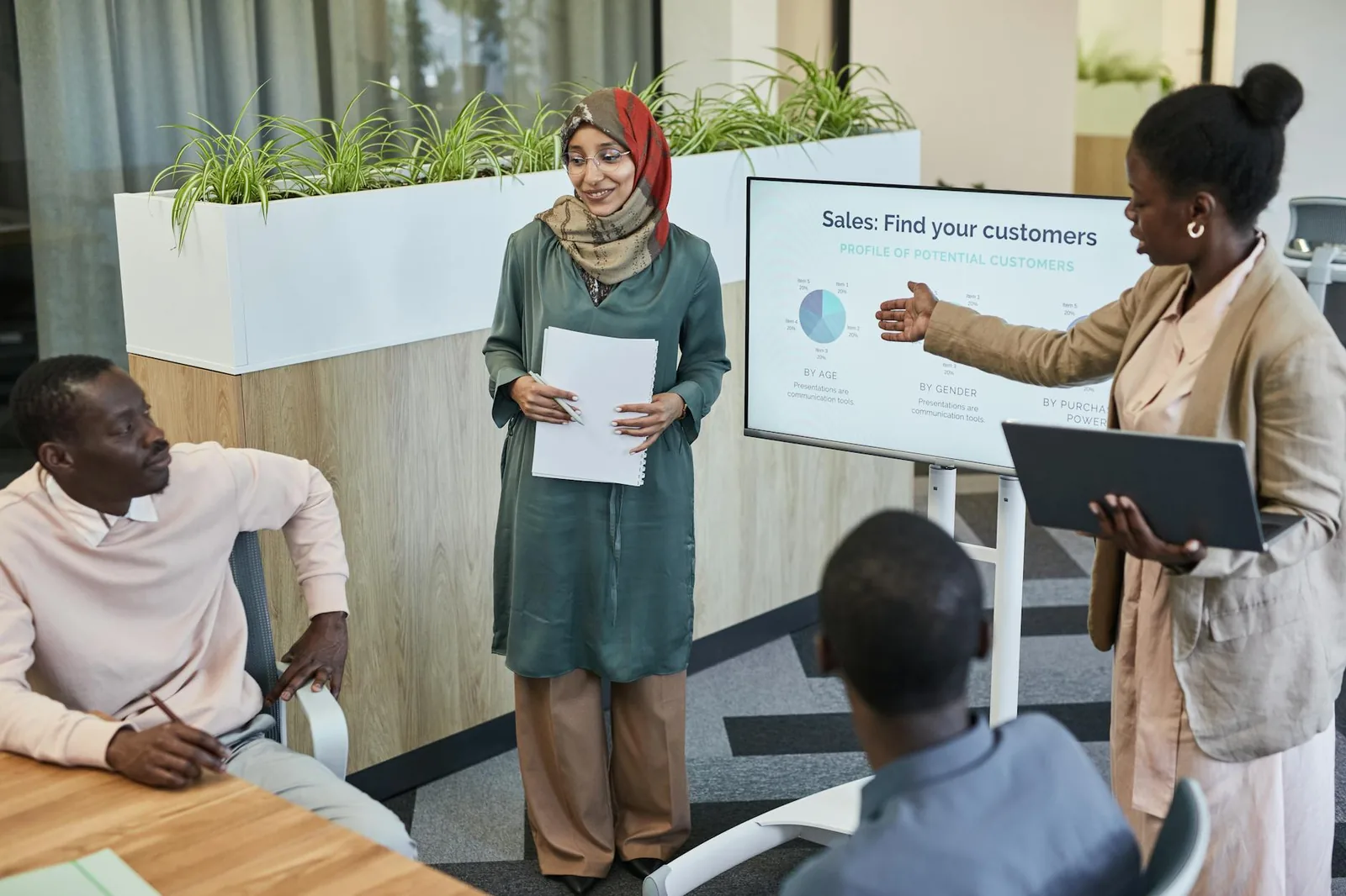 Myyntitiimi tarkastelee CRM-näkymää ja myyntiassistentin ehdotuksia palaverissa